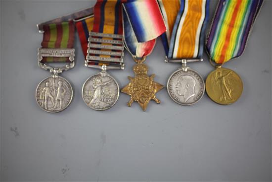 PLEASE NOTE THE IGS MEDAL HAS BEEN RENAMED. An India / South Africa / WWI group of five medals to Sergeant F.T.W. Henley, East Surrey R